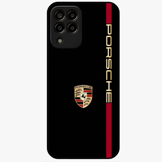 Black Minimal Porsche Glass Case showing flat back view with sleek minimal sports car artwork and glossy glass finish.