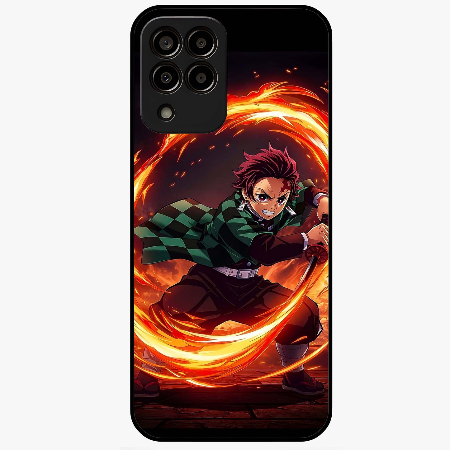 Blazing Sword Resolve Glass Case showing flat back view with fiery sword artwork and glossy glass finish.