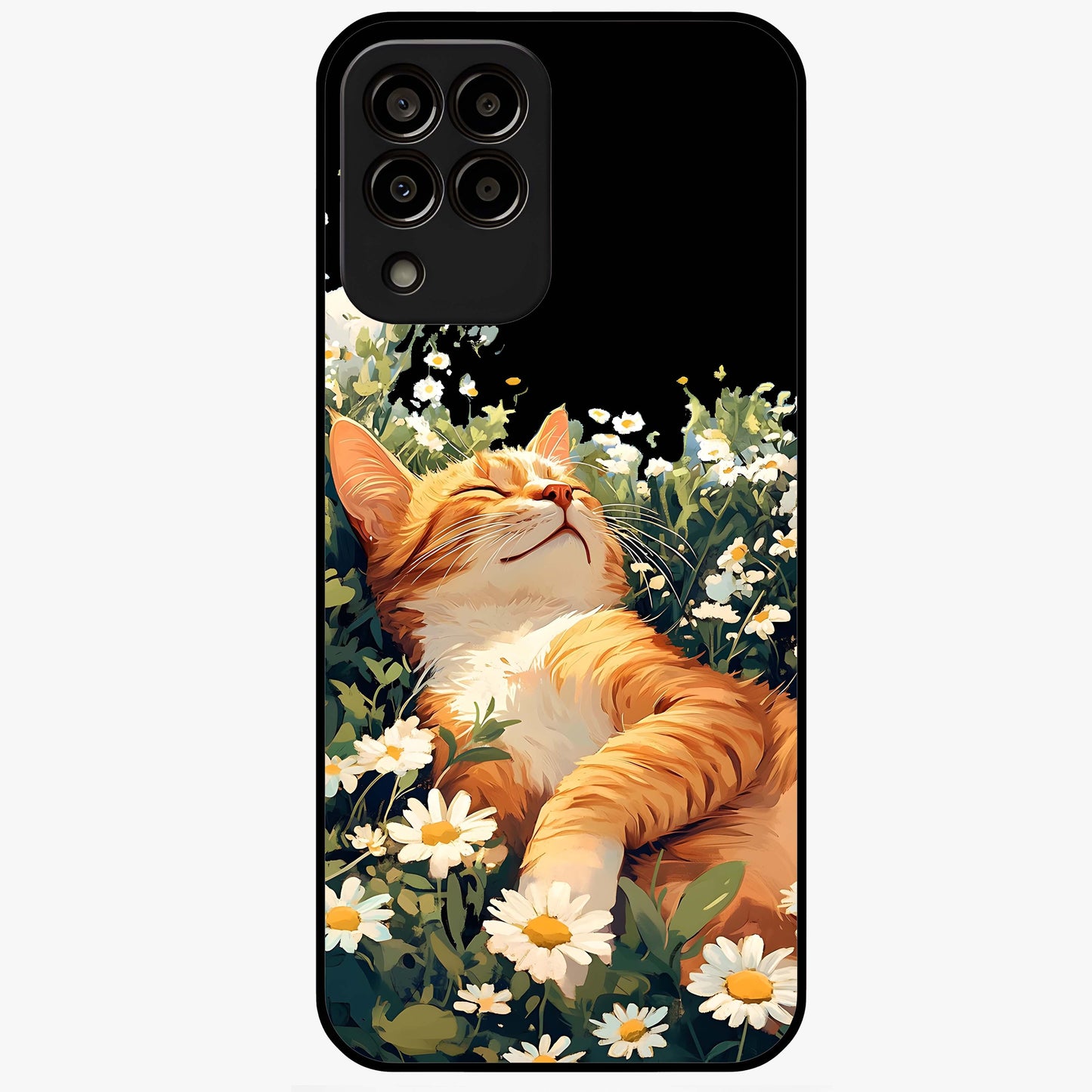 Blissful Bloom Cat Glass Case showing flat back view with cute cat and floral bloom artwork and glossy glass finish.