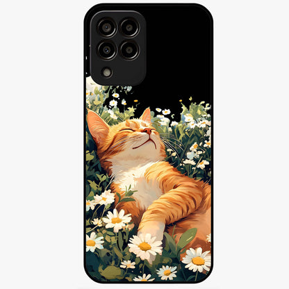 Blissful Bloom Cat Glass Case showing flat back view with cute cat and floral bloom artwork and glossy glass finish.