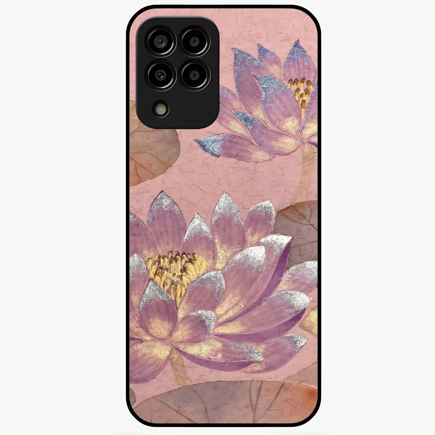Blossom Mist Lotus Glass Case showing flat back view with serene lotus blossom artwork and glossy glass finish.