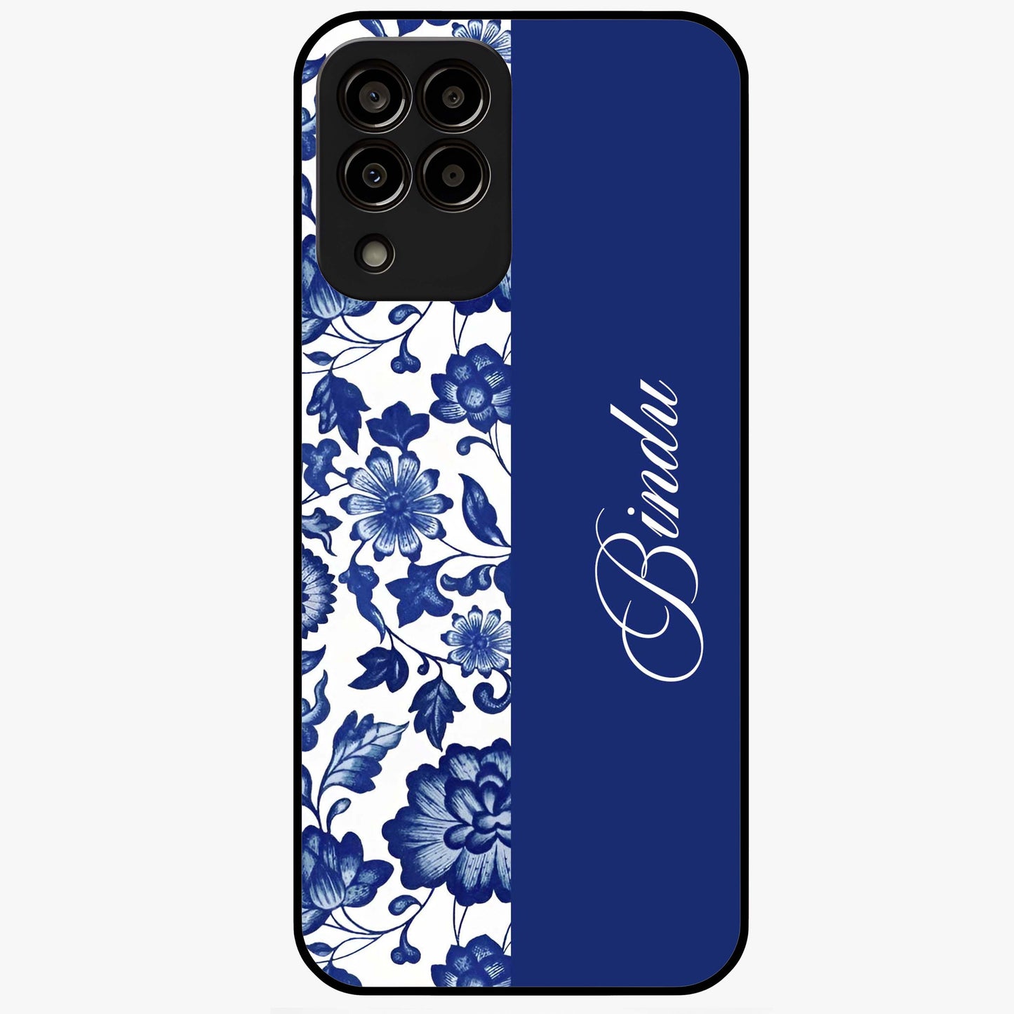 Blue Vintage Floral Pattern Glass Case upright view showcasing timeless floral illustration with vintage inspired style.