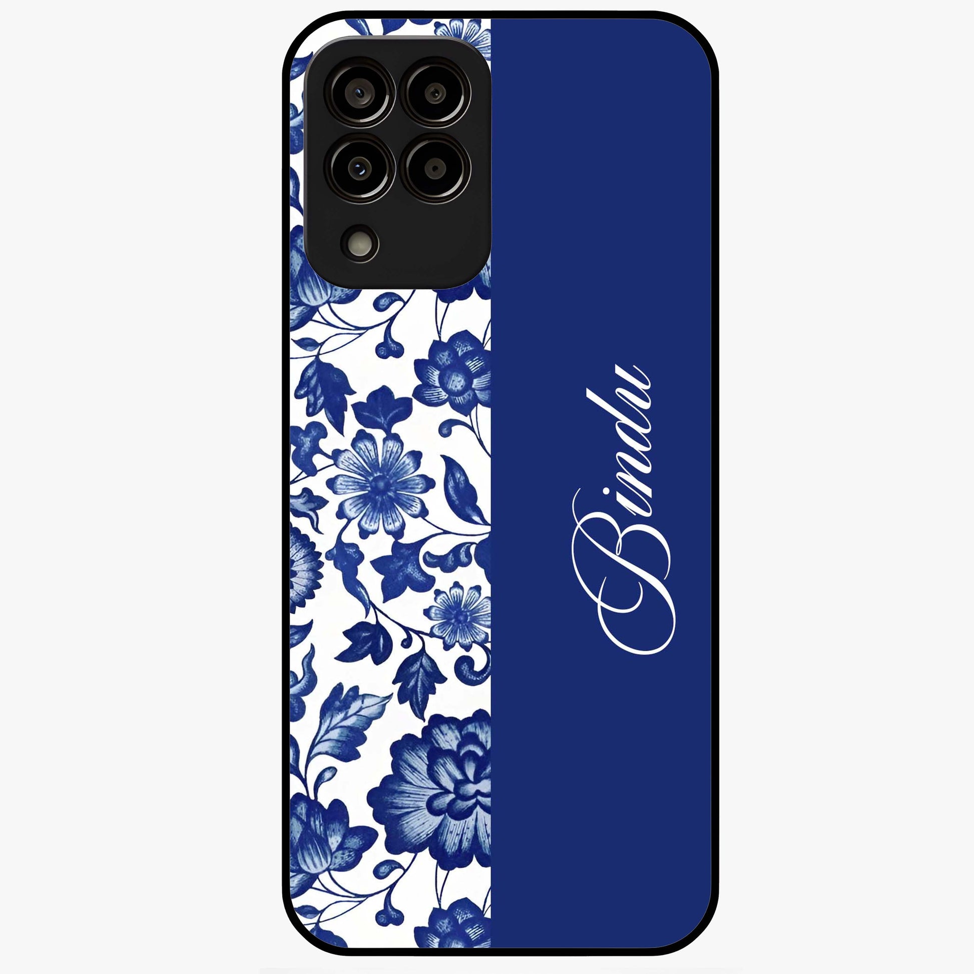 Blue Vintage Floral Pattern Glass Case upright view showcasing timeless floral illustration with vintage inspired style.