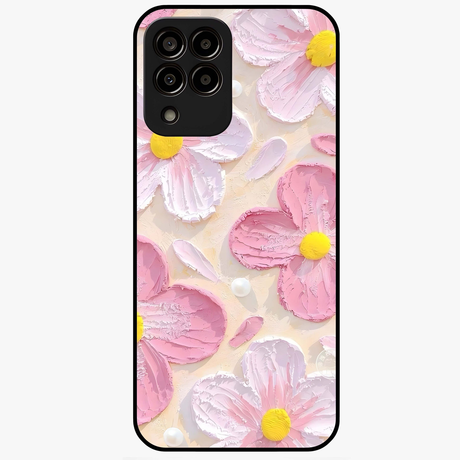 Blush Bloom Texture Glass Case showing flat back view with soft blush floral texture artwork and glossy glass finish.