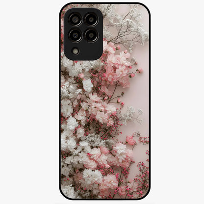 Blush Blossom Cloud Glass Case showing flat back view with dreamy blush cloud blossom artwork and glossy glass finish.