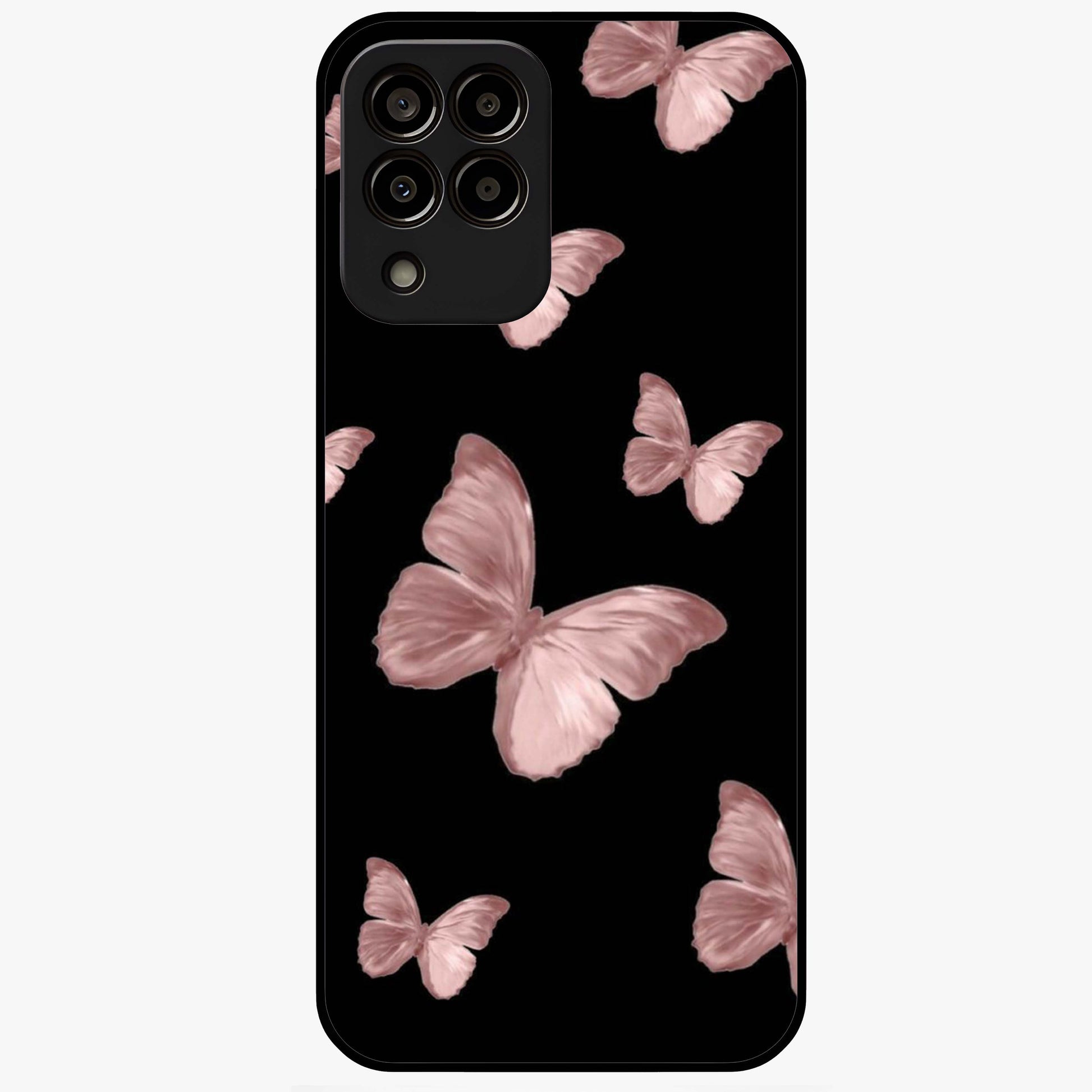 Butterfly Pattern Glass Case showing flat back view with elegant butterfly pattern artwork and glossy glass finish.