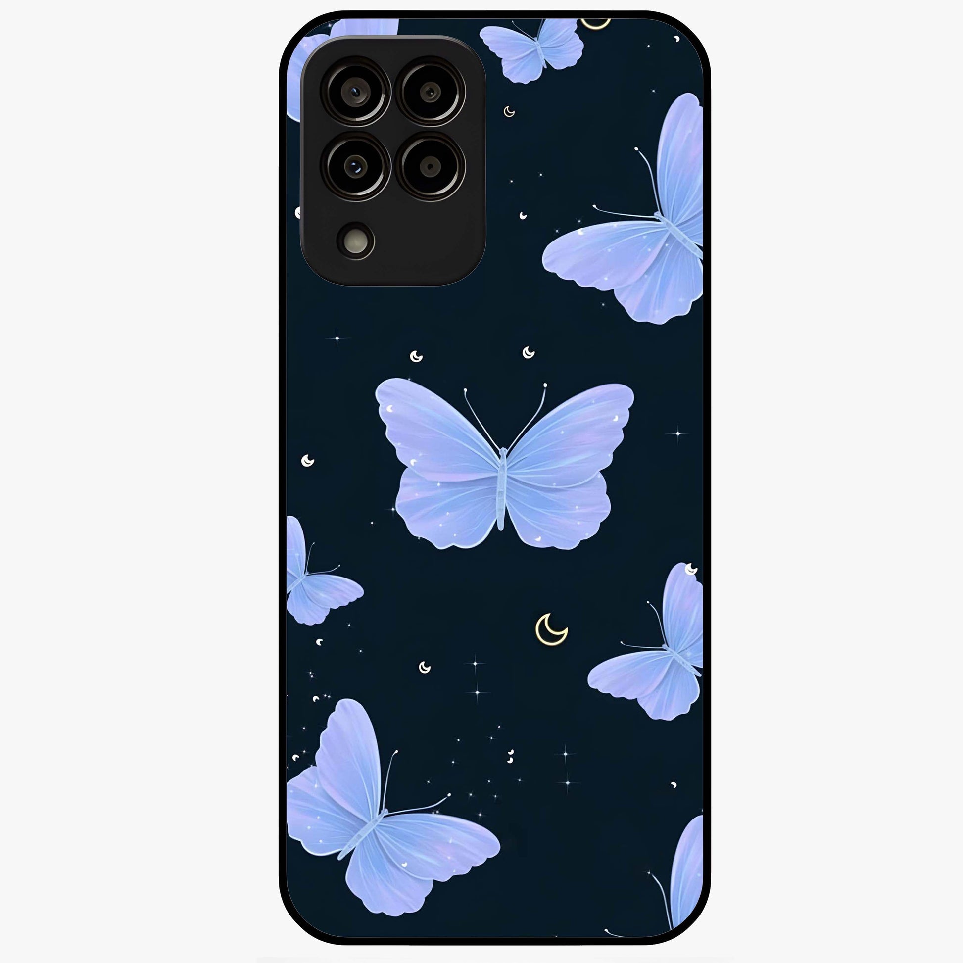Butterfly With Stars Pattern Glass Case showing flat back view with butterfly and star pattern artwork and glossy glass finish.