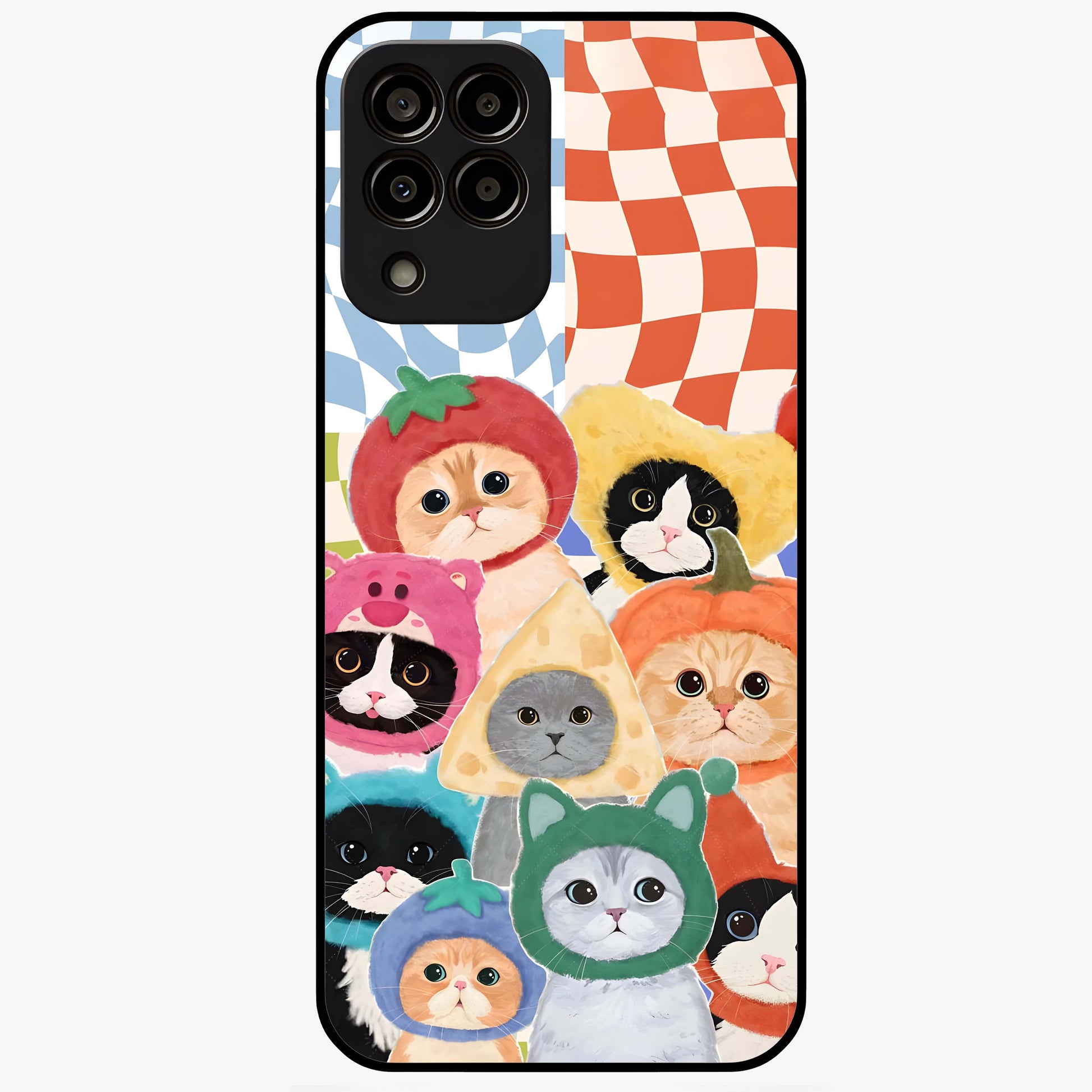 Cats in Fruits Glass Case showing flat back view with playful cat illustrations inside fruit artwork and glossy glass finish.