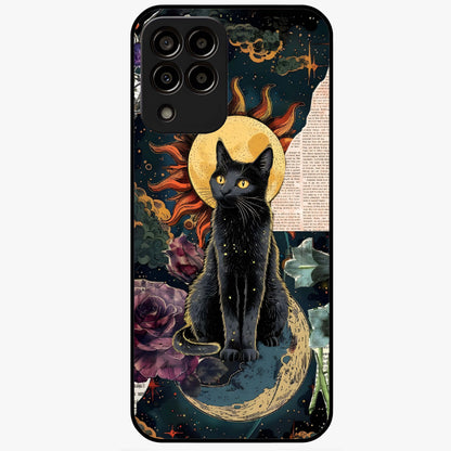 Celestial Black Cat Glass Case showing flat back view with mystical black cat artwork and glossy glass finish.