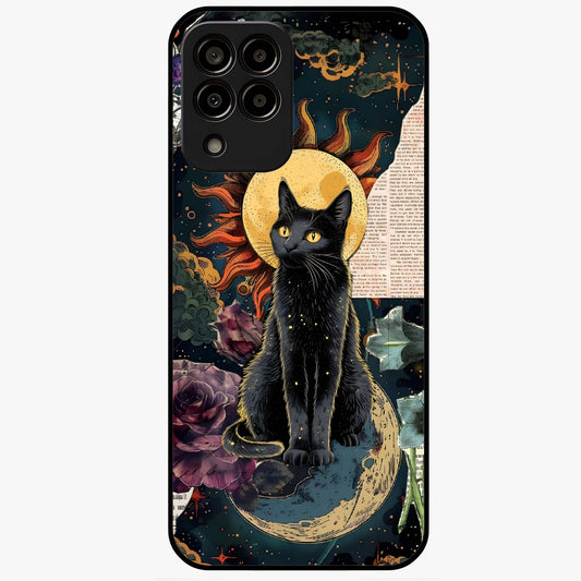 Celestial Black Cat Glass Case showing flat back view with mystical black cat artwork and glossy glass finish.