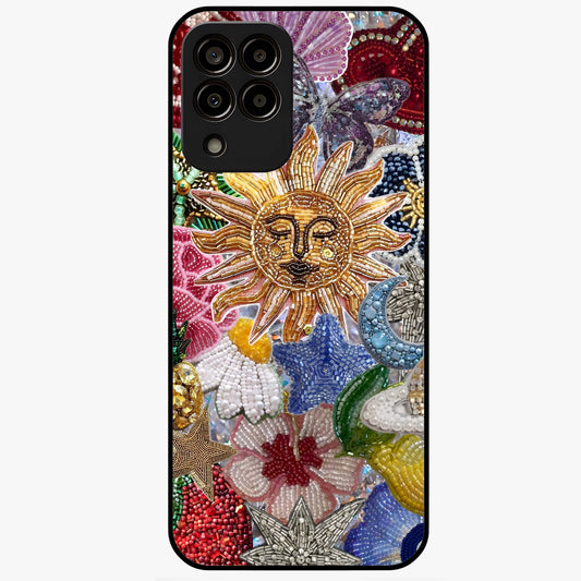Celestial Floral and Playful Glass Case showing flat back view with floral and celestial themed artwork and glossy glass finish.