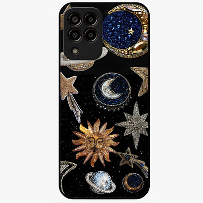 Celestial Gem Constellations Glass Case showing flat back view with sparkling constellation artwork and glossy glass finish.