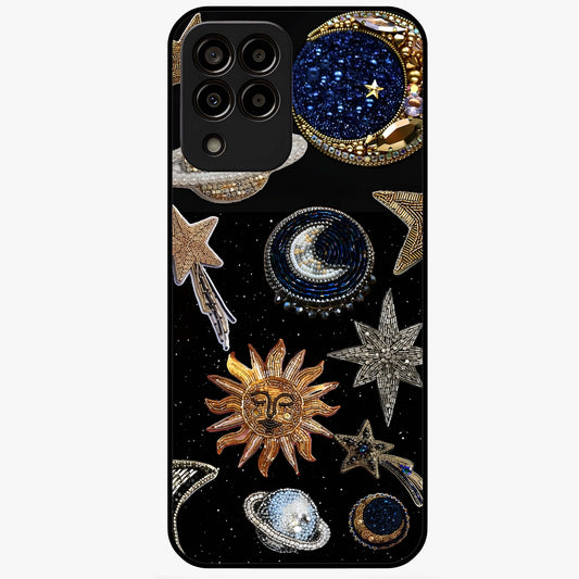 Celestial Gem Constellations Glass Case showing flat back view with sparkling constellation artwork and glossy glass finish.