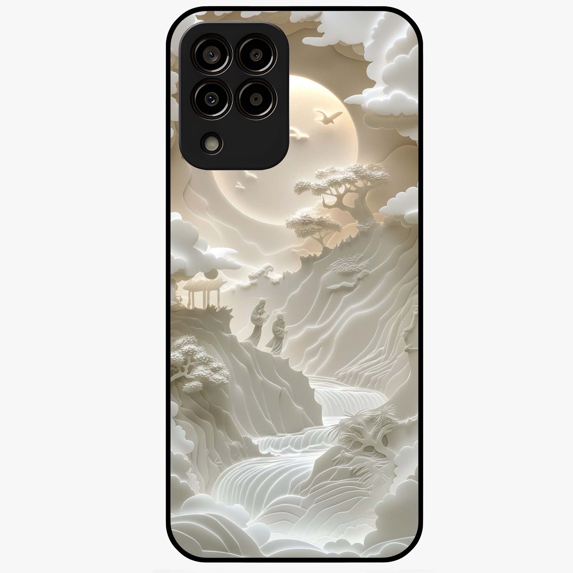 Celestial Origami Glass Case showing flat back view with artistic origami inspired celestial artwork and glossy glass finish.