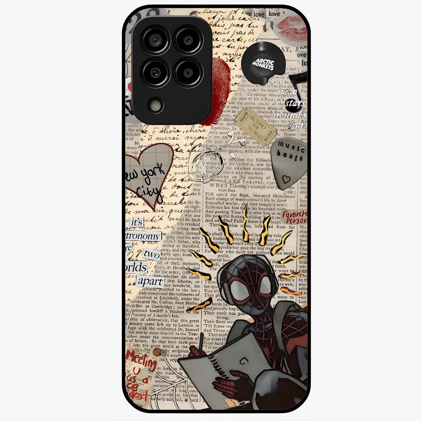 City Dream Sketch Glass Case showing flat back view with artistic city skyline sketch artwork and glossy glass finish.