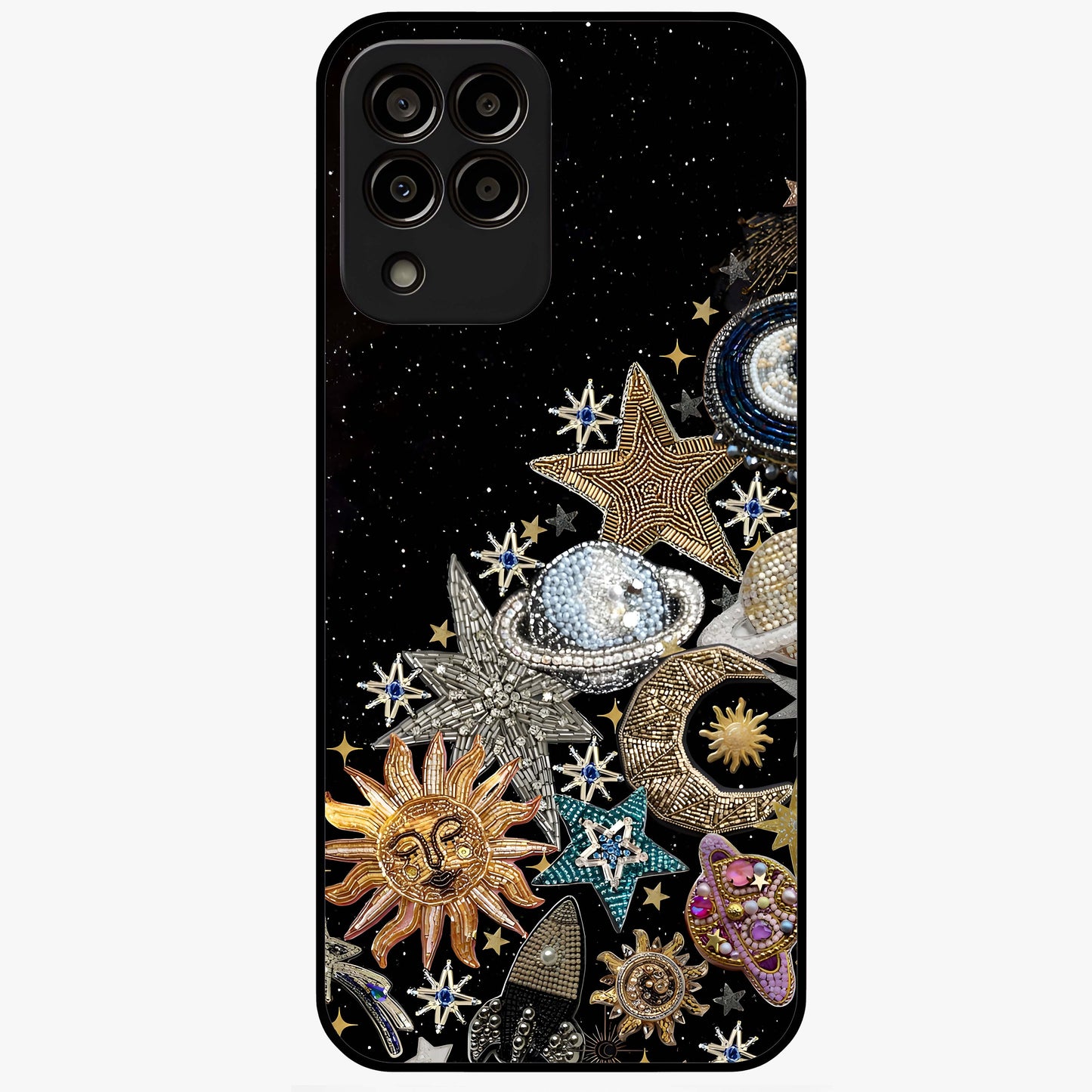 Cosmic Sparkle Dreams Glass Case showing flat back view with sparkling cosmic artwork and glossy glass finish.