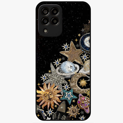 Cosmic Sparkle Dreams Glass Case showing flat back view with sparkling cosmic artwork and glossy glass finish.