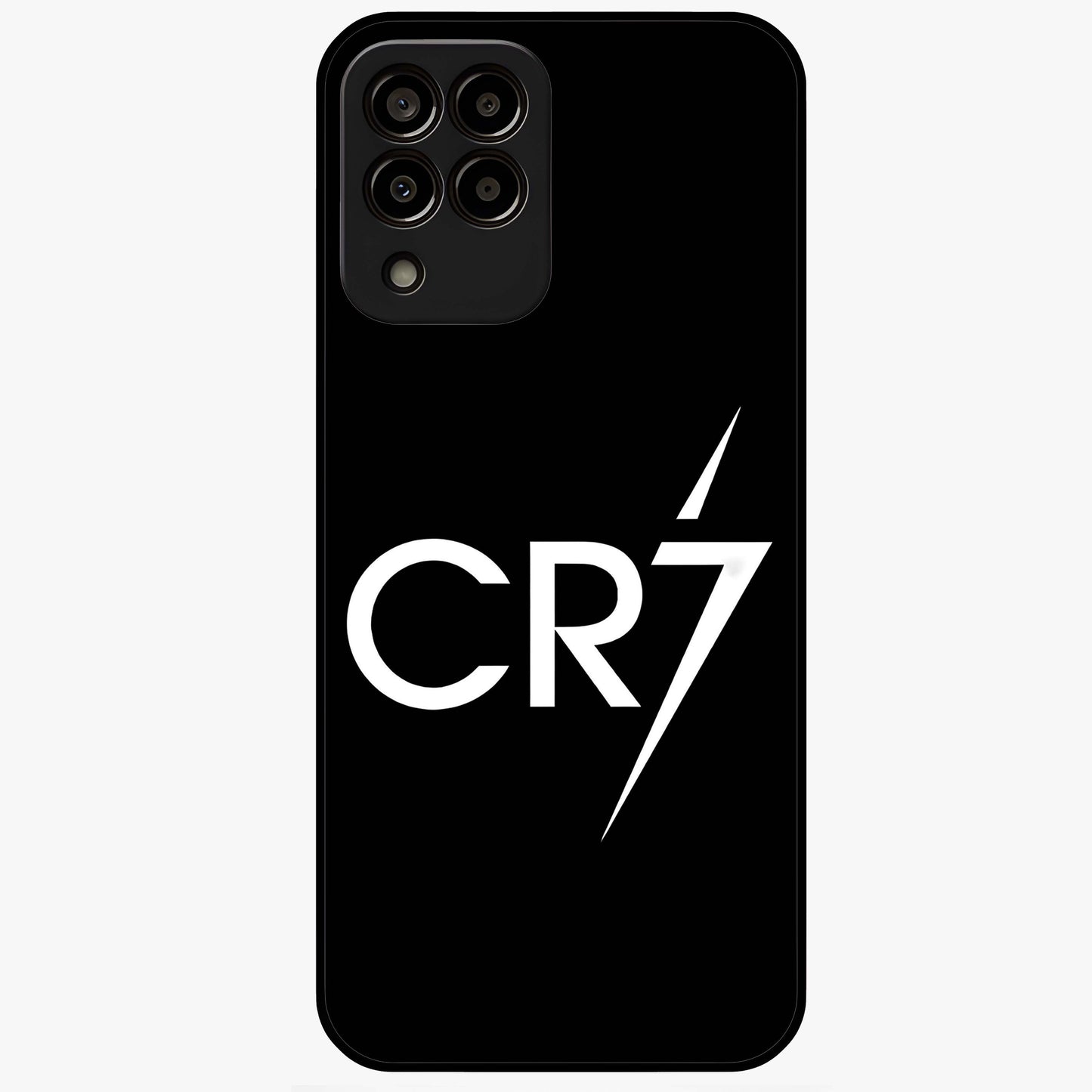 Cr7 Elite Strike Glass Case showing flat back view with dynamic football inspired artwork and glossy glass finish.