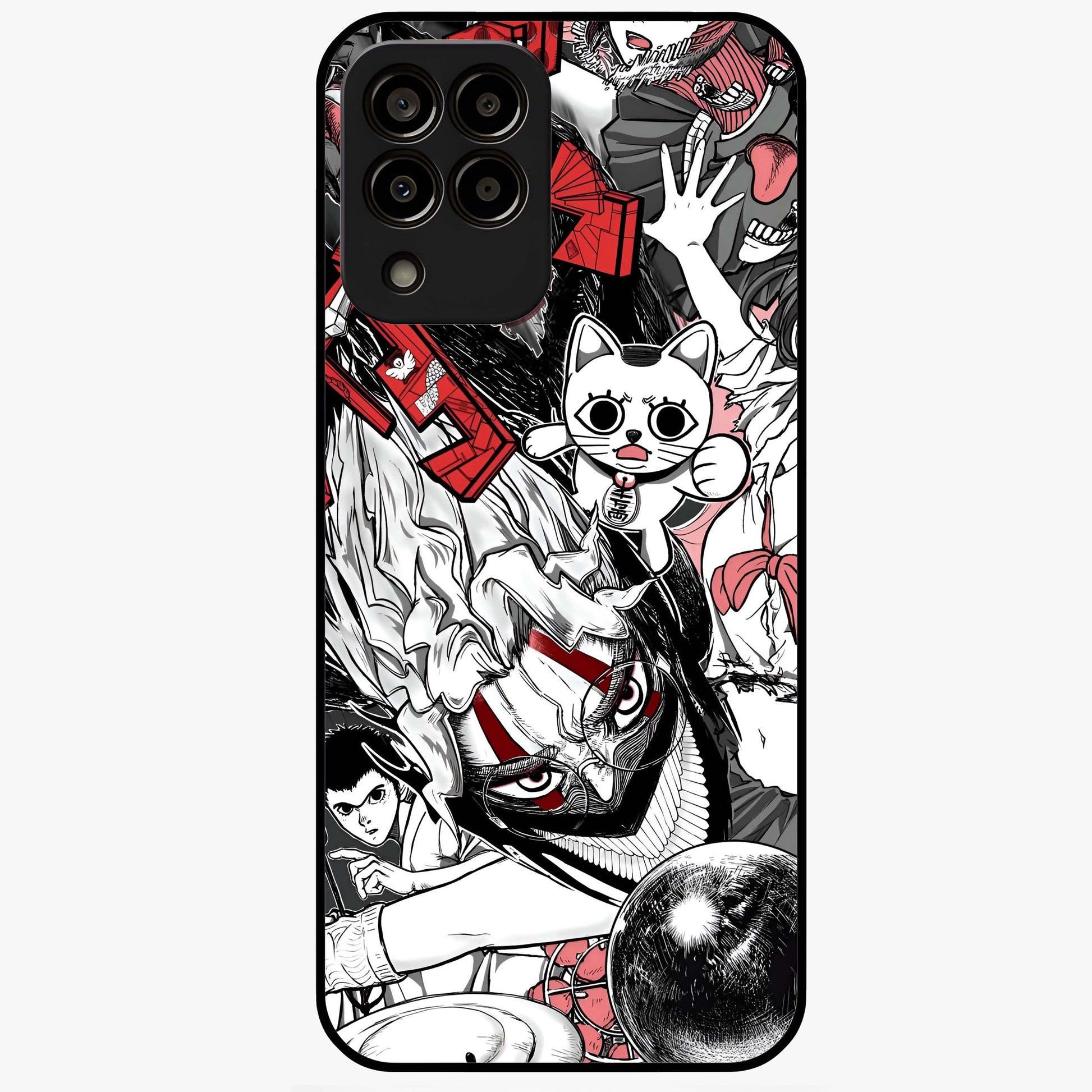 Crimson Chaos Panel Glass Case showing flat back view with bold crimson abstract artwork and glossy glass finish.