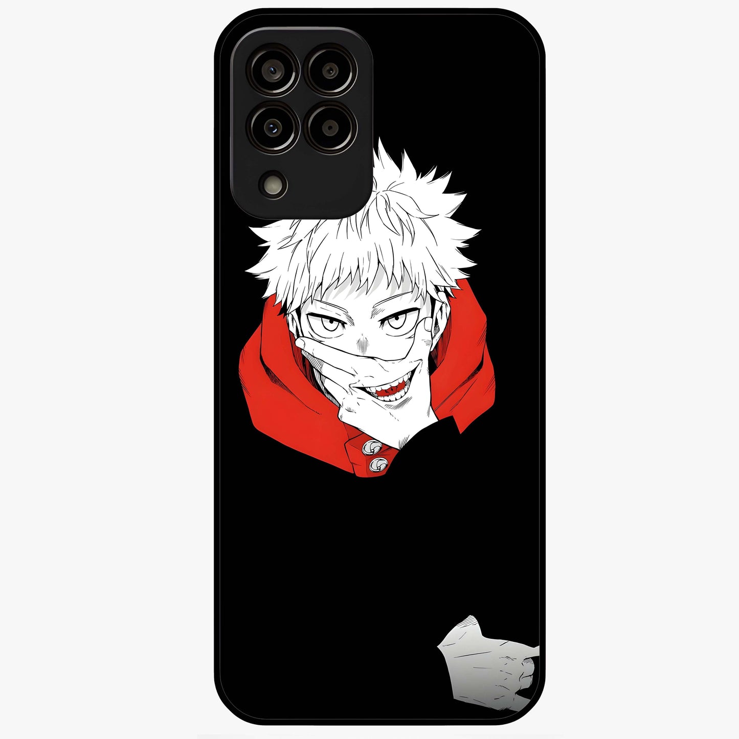 Crimson Chaos Smile Glass Case showing flat back view with bold chaotic smile artwork and glossy glass finish.