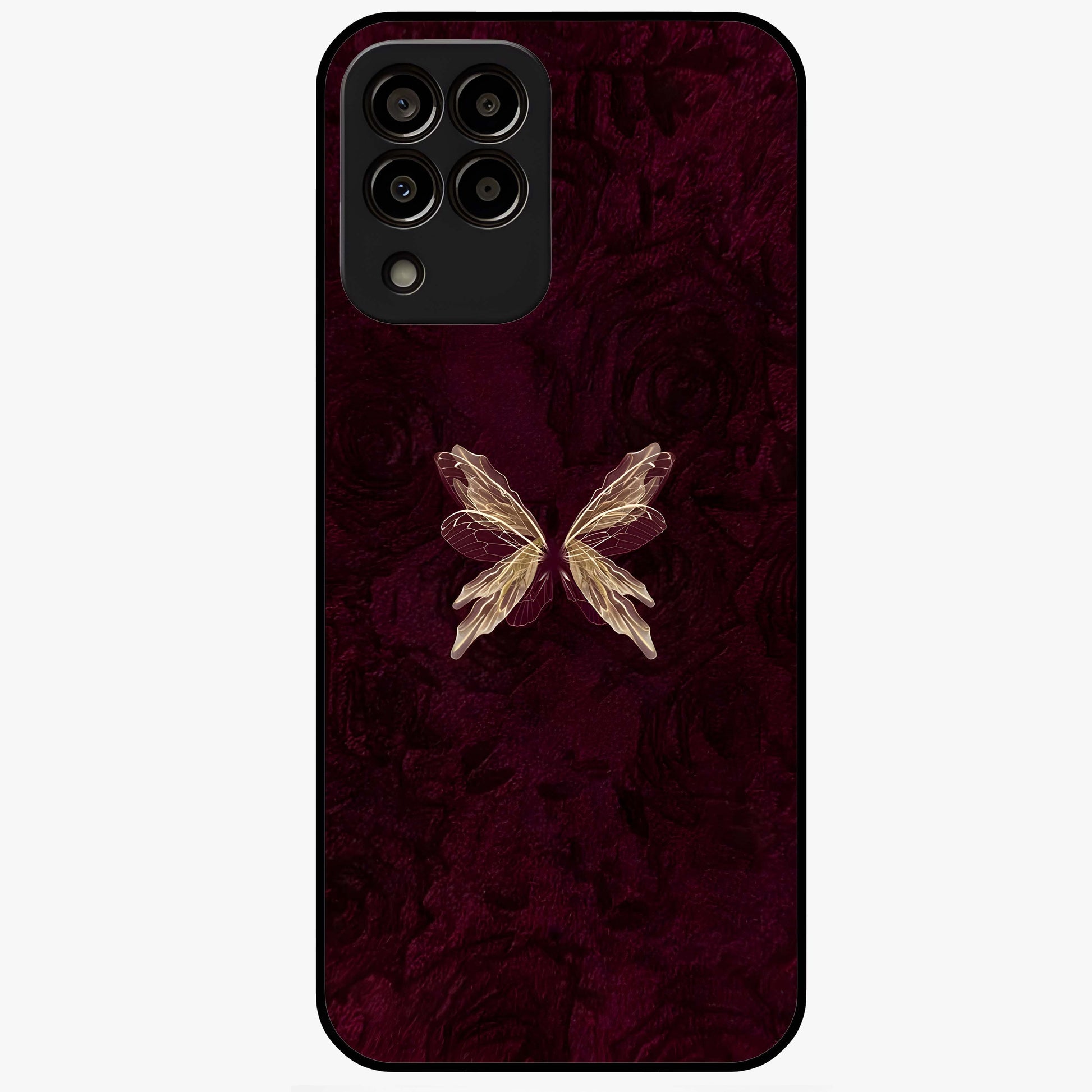 Crimson Fade Butterfly Glass Case showing flat back view with fading butterfly artwork and glossy glass finish.
