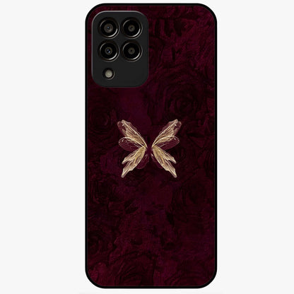 Crimson Fade Butterfly Glass Case showing flat back view with fading butterfly artwork and glossy glass finish.