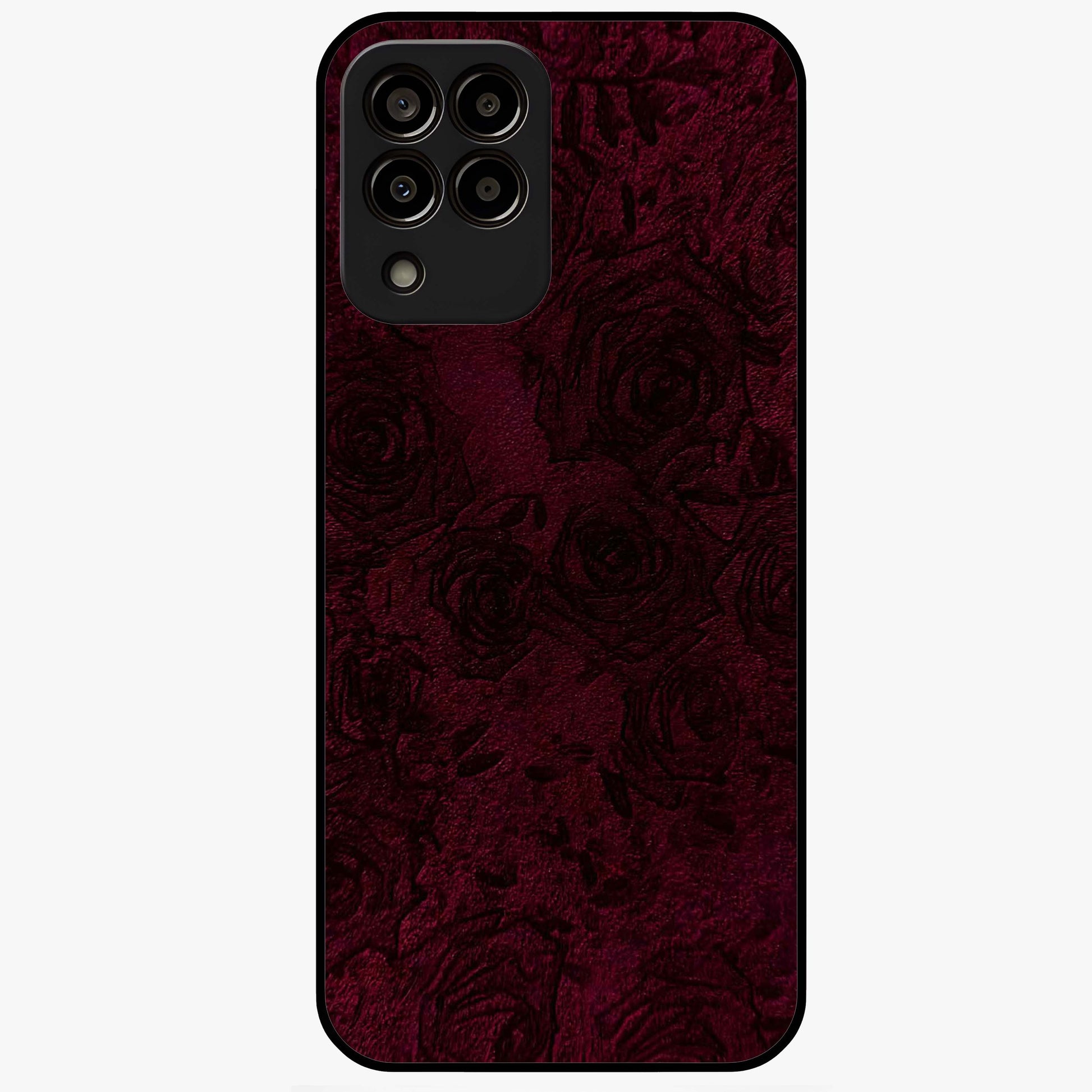 Crimson Fade Flow Glass Case showing flat back view with flowing crimson gradient artwork and glossy glass finish.