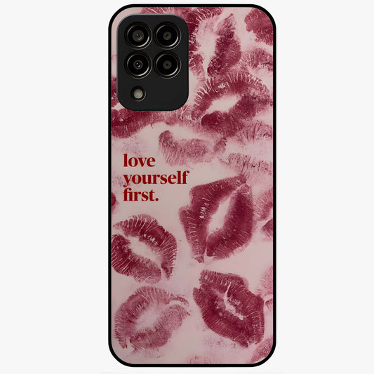 Crimson Kiss Love Glass Case showing flat back view with romantic crimson themed artwork and glossy glass finish.
