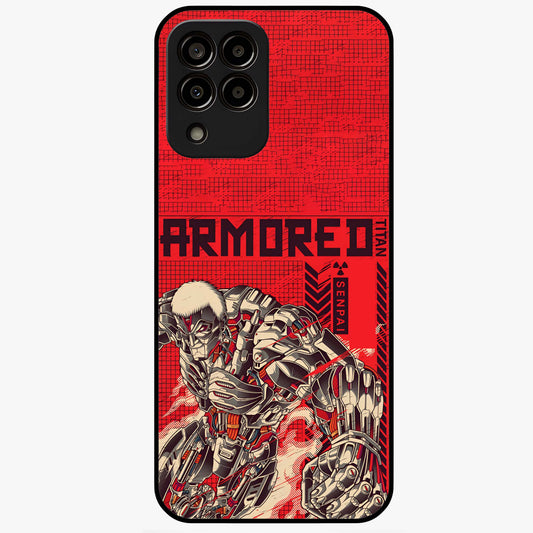 Crimson Mecha Titan Glass Case showing flat back view with powerful mech titan artwork and glossy glass finish.