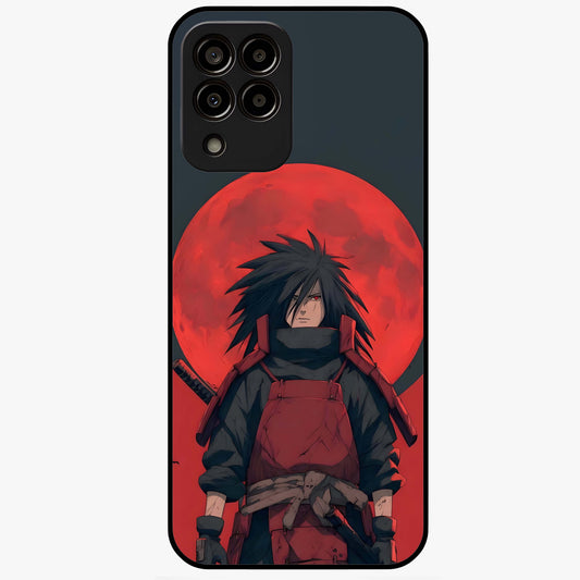 Crimson Moon Warlord Glass Case showing flat back view with mystical moon warrior artwork and glossy glass finish.