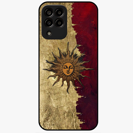 Crimson Sun Majesty Glass Case showing flat back view with radiant sun inspired artwork and glossy glass finish.