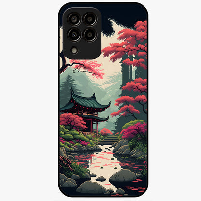 Crimson Temple View Glass Case showing flat back view with temple inspired artwork and glossy glass finish.