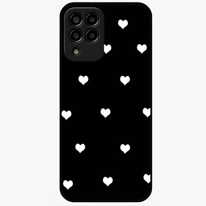 Cute And Simple White Hearts Glass Case showing flat back view with minimal white heart pattern and glossy glass finish.