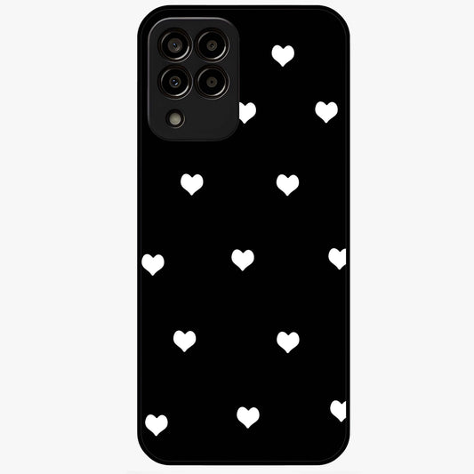 Cute And Simple White Hearts Glass Case showing flat back view with minimal white heart pattern and glossy glass finish.