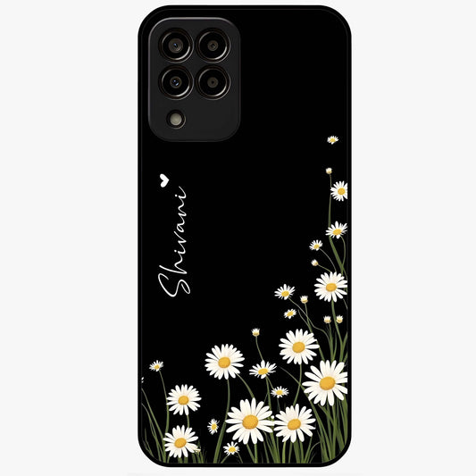 Daisy Cascade Custom Name Glass Case showing flat back view with cascading daisy flowers and personalized name design.