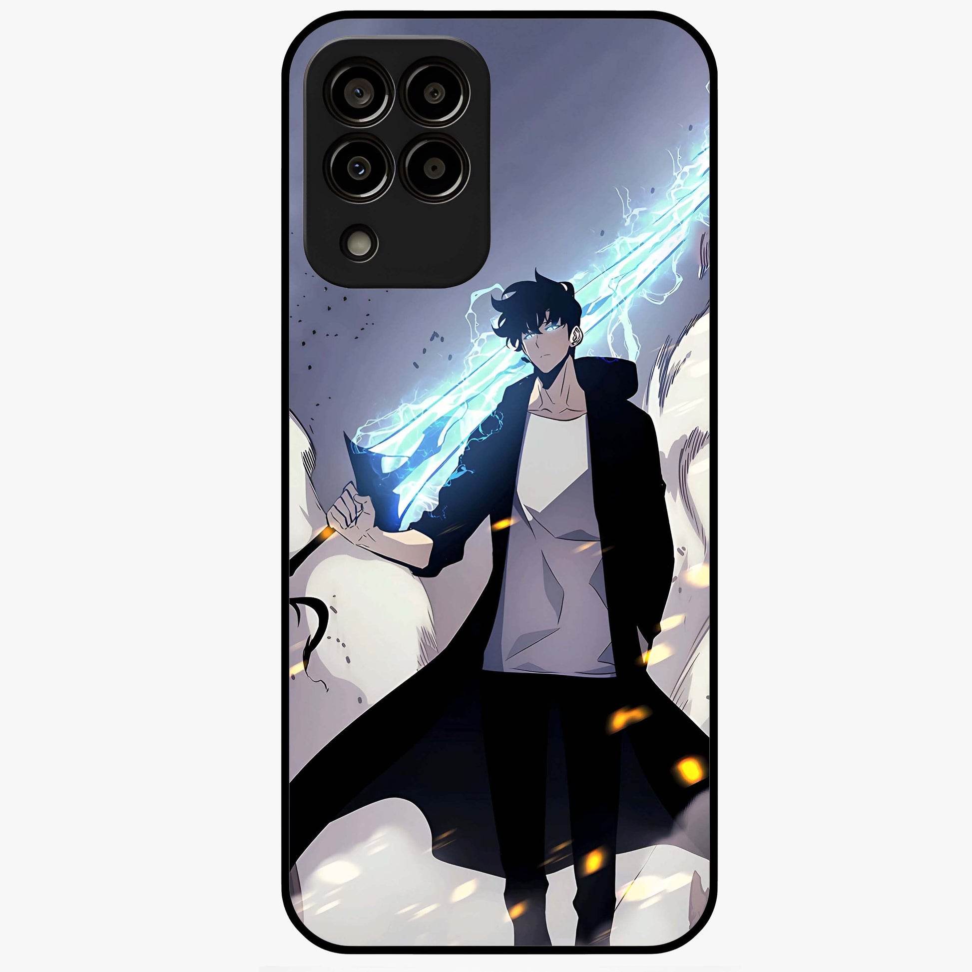 Dark Lightning Anime Warrior Glass Case showing flat back view with intense anime warrior artwork and glossy glass finish.