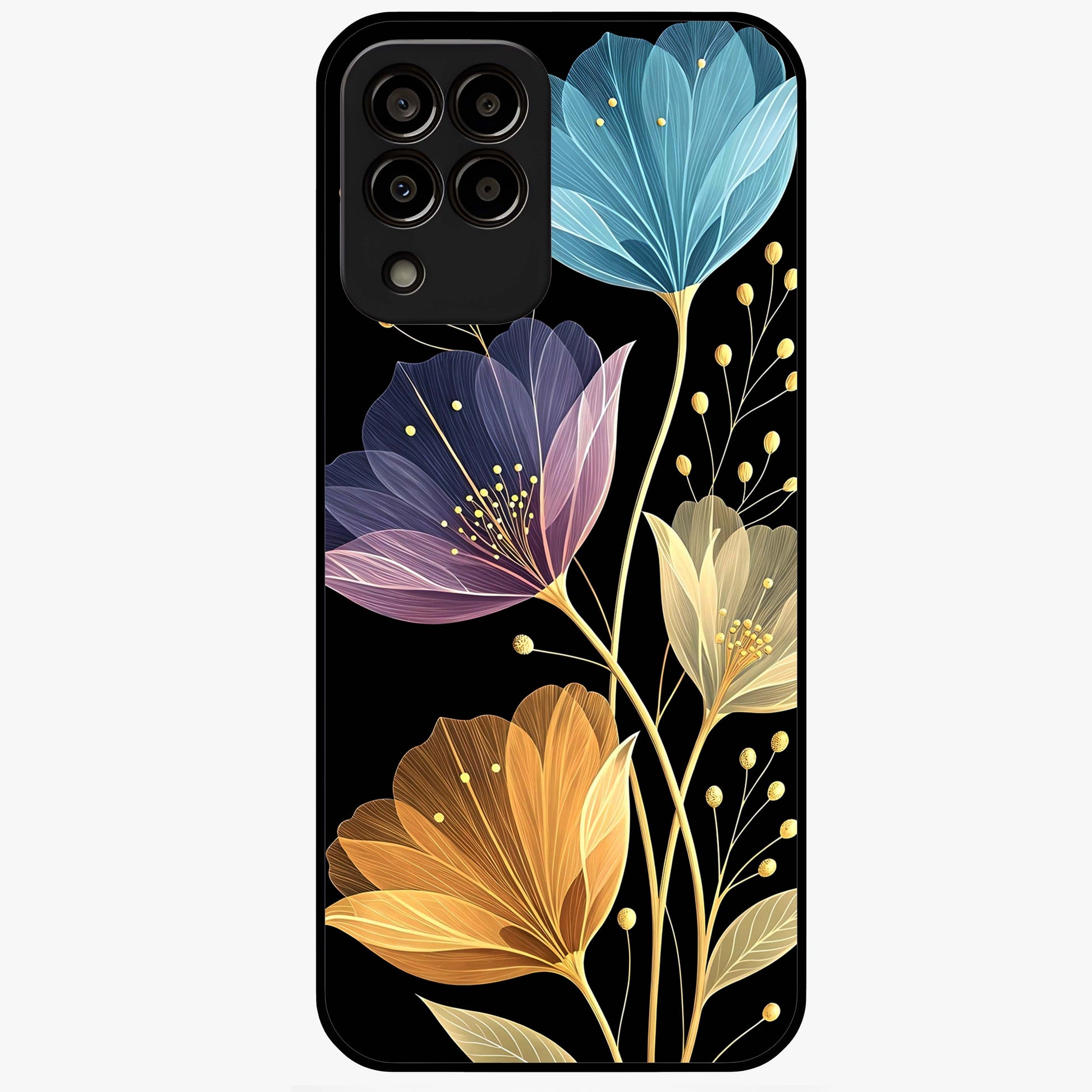 Delicate Multicolor Flowers Glass Case showing flat back view with vibrant floral artwork and glossy glass finish.