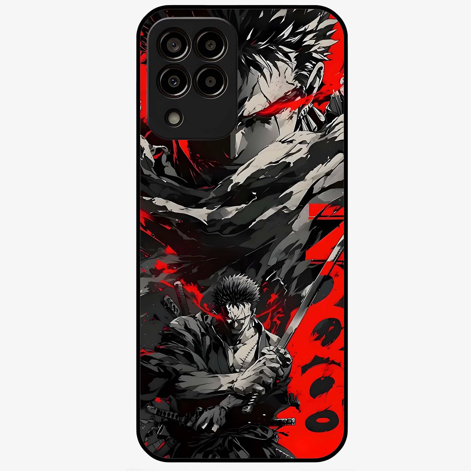 Demon Sword Resolve Glass Case showing flat back view with fierce sword warrior artwork and glossy glass finish.