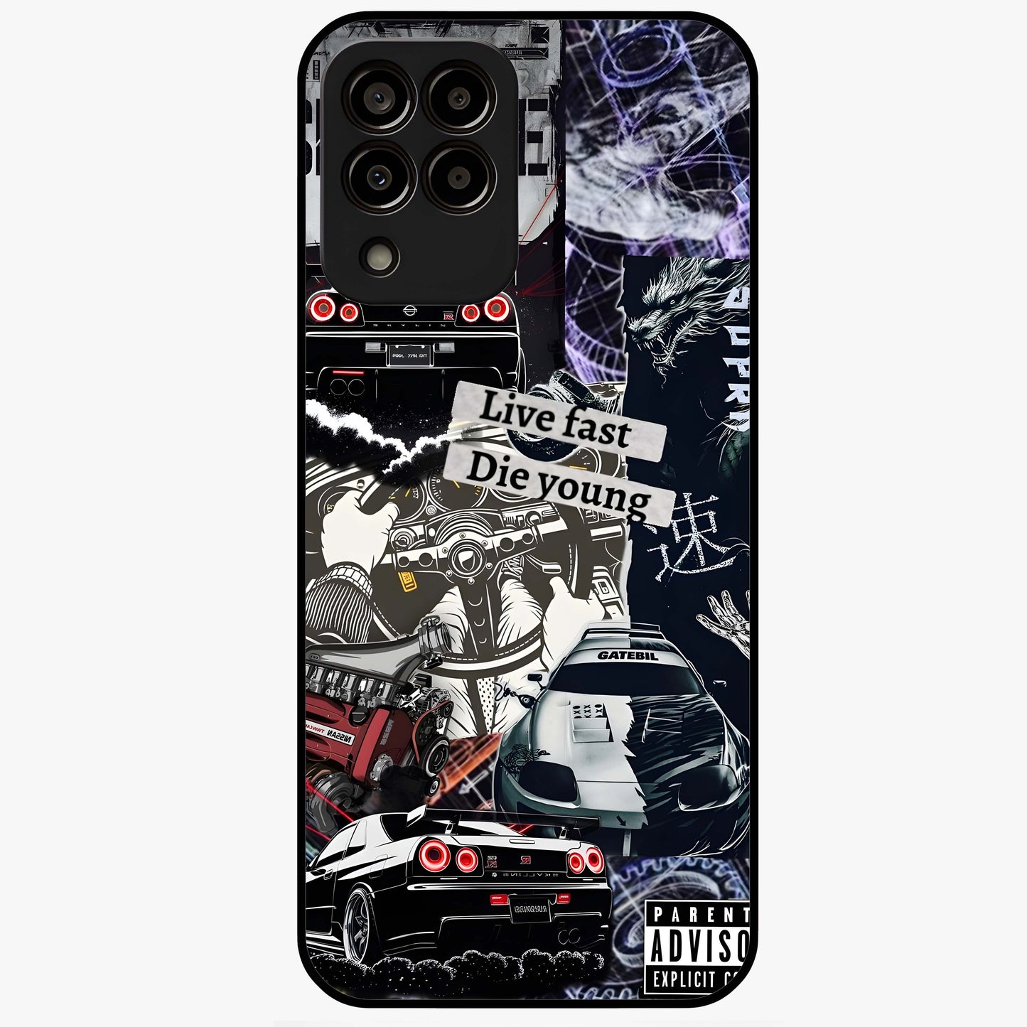 Die Young Glass Case showing flat back view with bold artistic typography design and glossy glass finish.