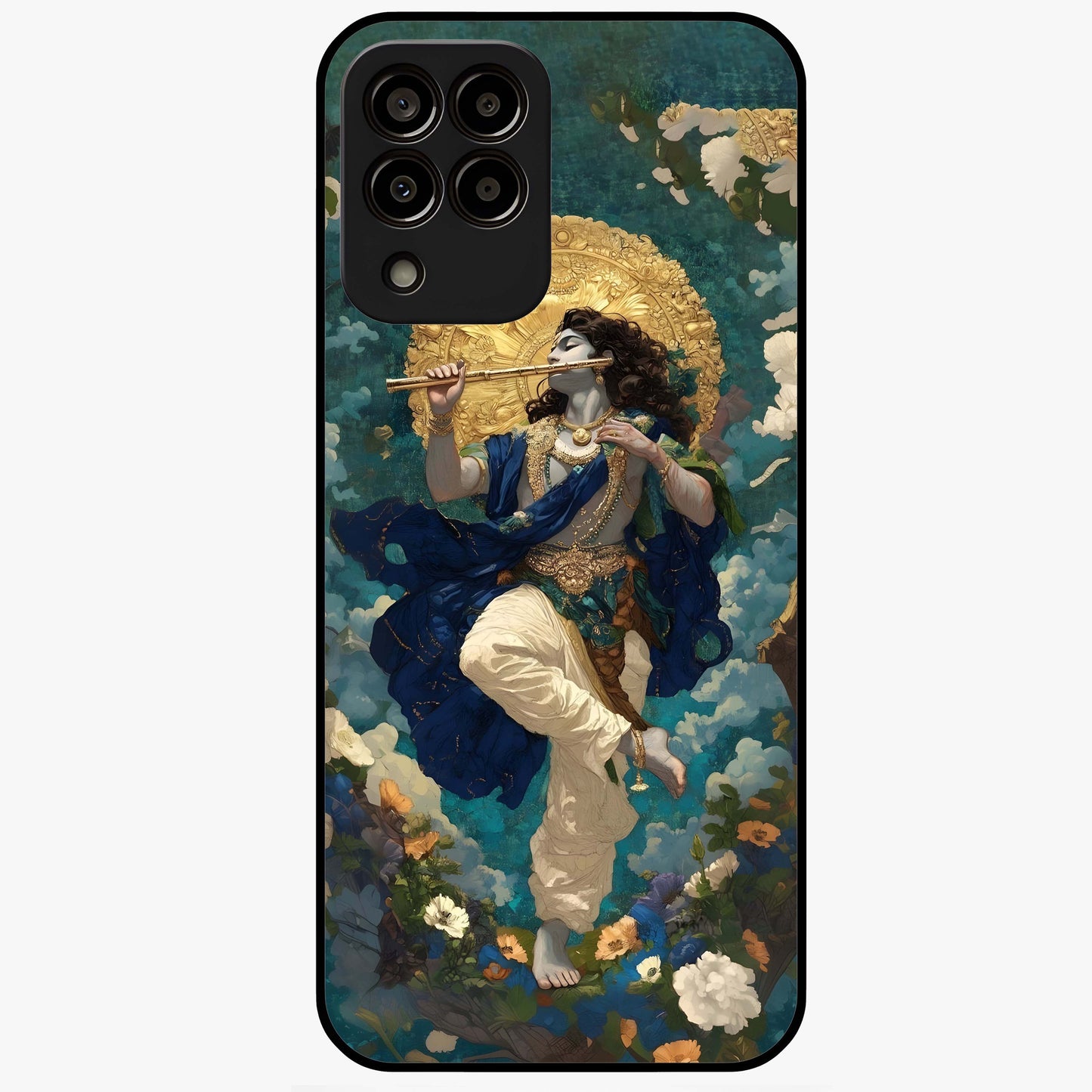 Divine Krishna Art Glass Case showing flat back view with Lord Krishna artwork and glossy glass finish.