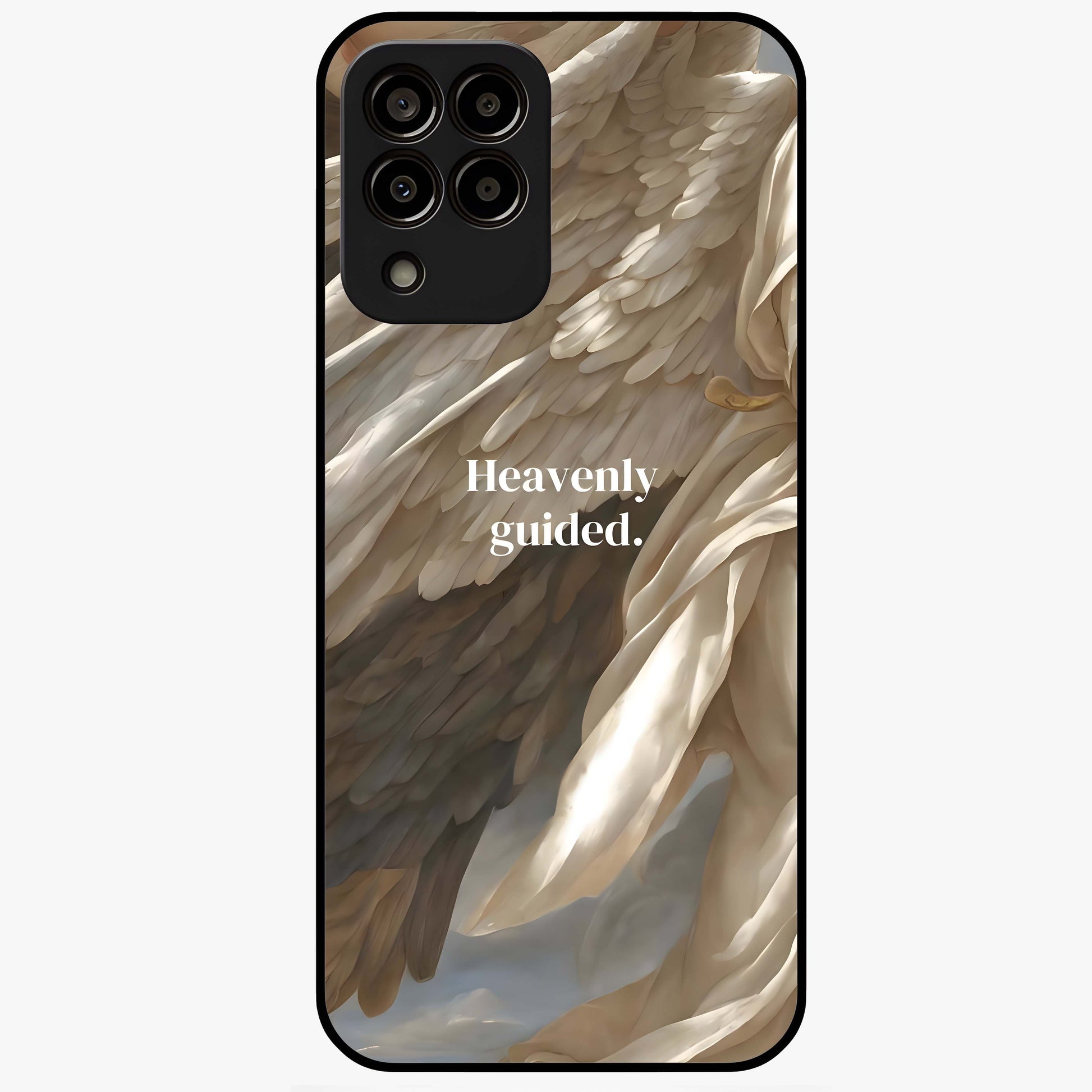 Divine Winged Grace Glass Case showing flat back view with elegant wing inspired artwork and glossy glass finish.
