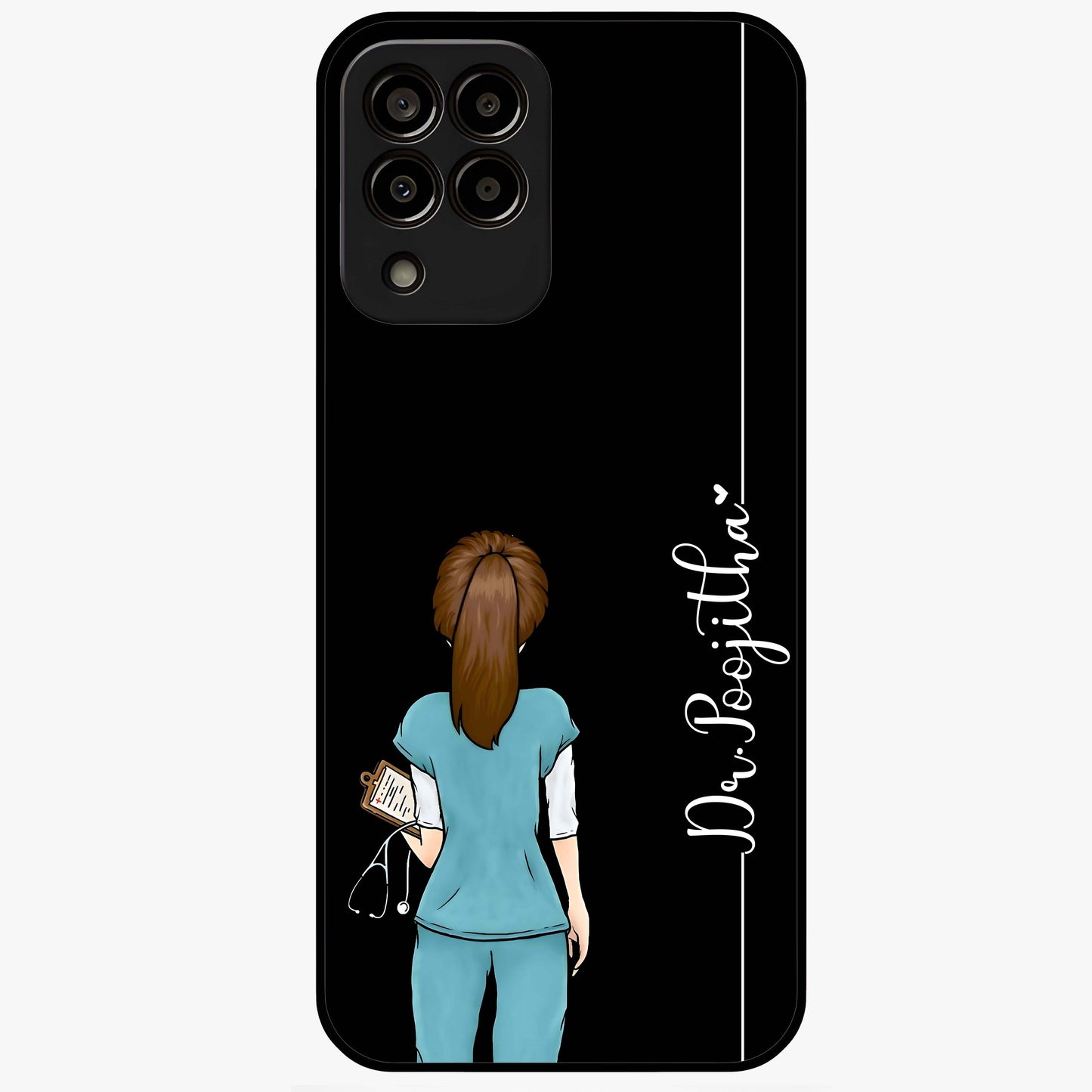 Doctor Pattern Custom Name Glass Case showing flat back view with medical themed pattern and personalized name design.
