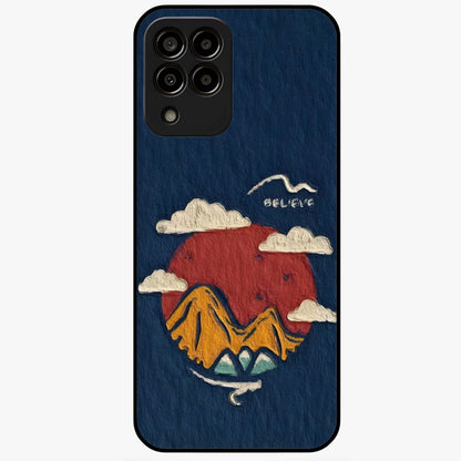 Dream Beyond Mountains Glass Case showing flat back view with scenic mountain landscape artwork and glossy glass finish.