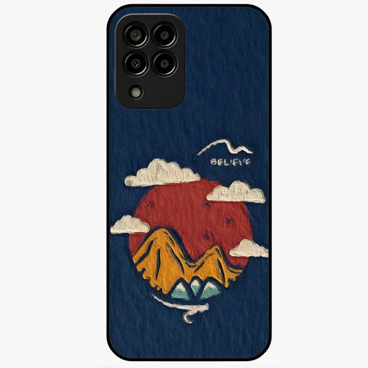 Dream Beyond Mountains Glass Case showing flat back view with scenic mountain landscape artwork and glossy glass finish.