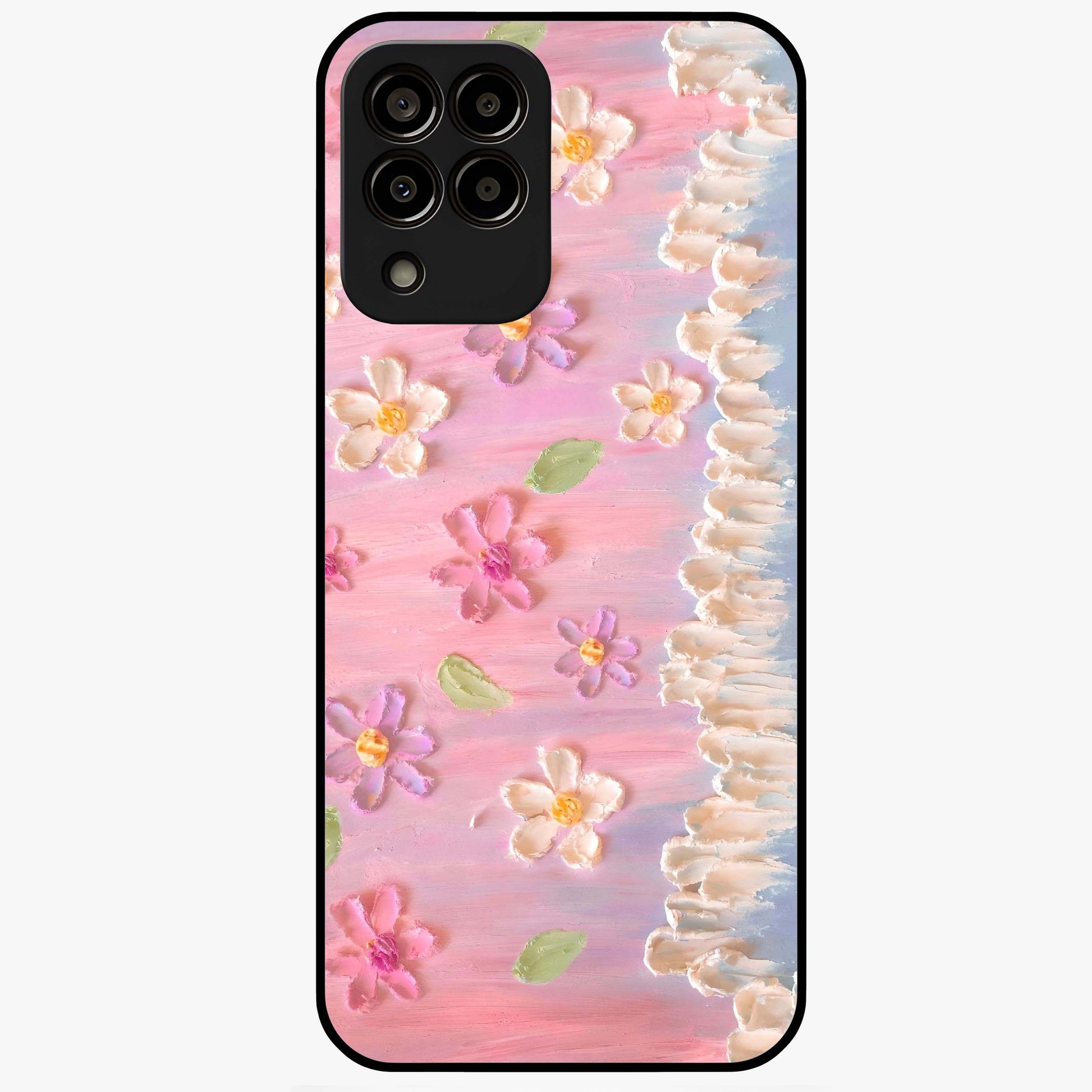 Dreamy Painted Garden Glass Case showing flat back view with artistic painted floral garden artwork and glossy glass finish.