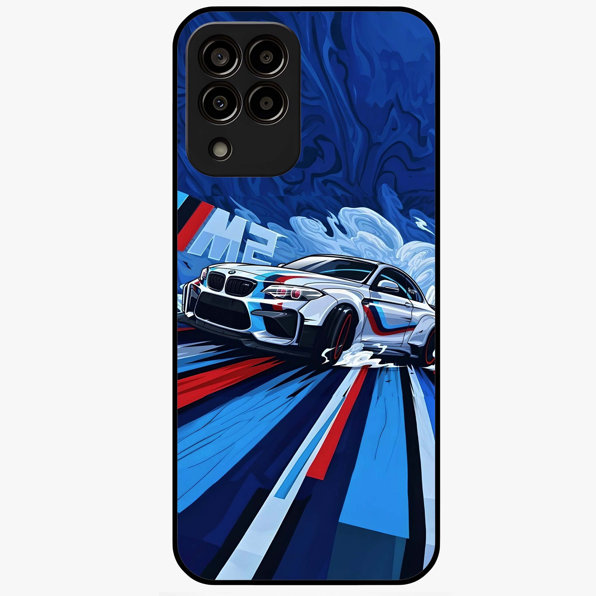Drift Power Rush Glass Case showing flat back view with dynamic racing inspired artwork and glossy glass finish.