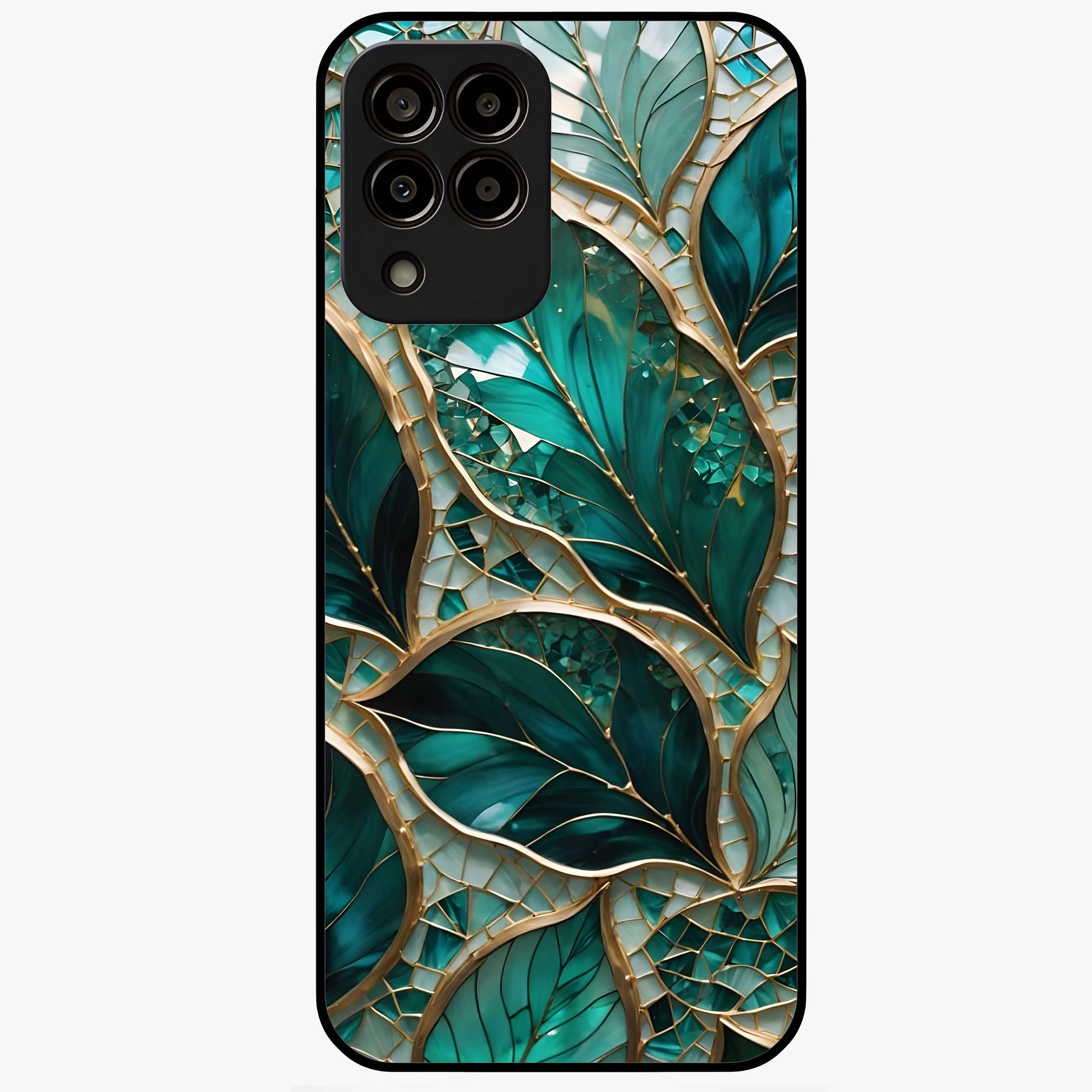 Emerald Leaf Glass Glass Case showing flat back view with emerald green leaf artwork and glossy glass finish.