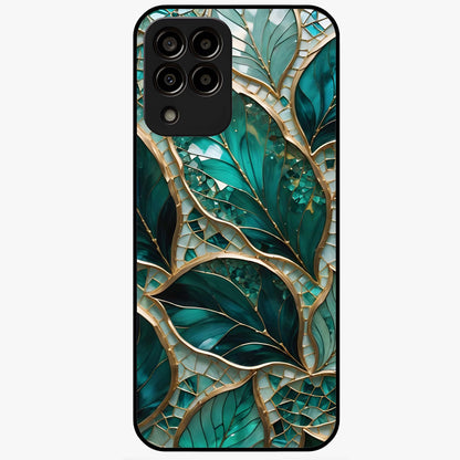 Emerald Leaf Glass Glass Case showing flat back view with emerald green leaf artwork and glossy glass finish.