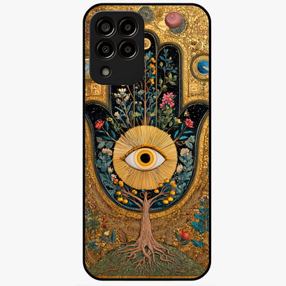 Ethereal Evil Eye Glass Case showing flat back view with mystical evil eye artwork and glossy glass finish.
