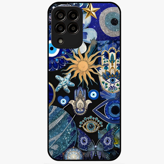 Evil Eye Charm Mix Glass Case showing flat back view with multiple evil eye charms artwork and glossy glass finish.